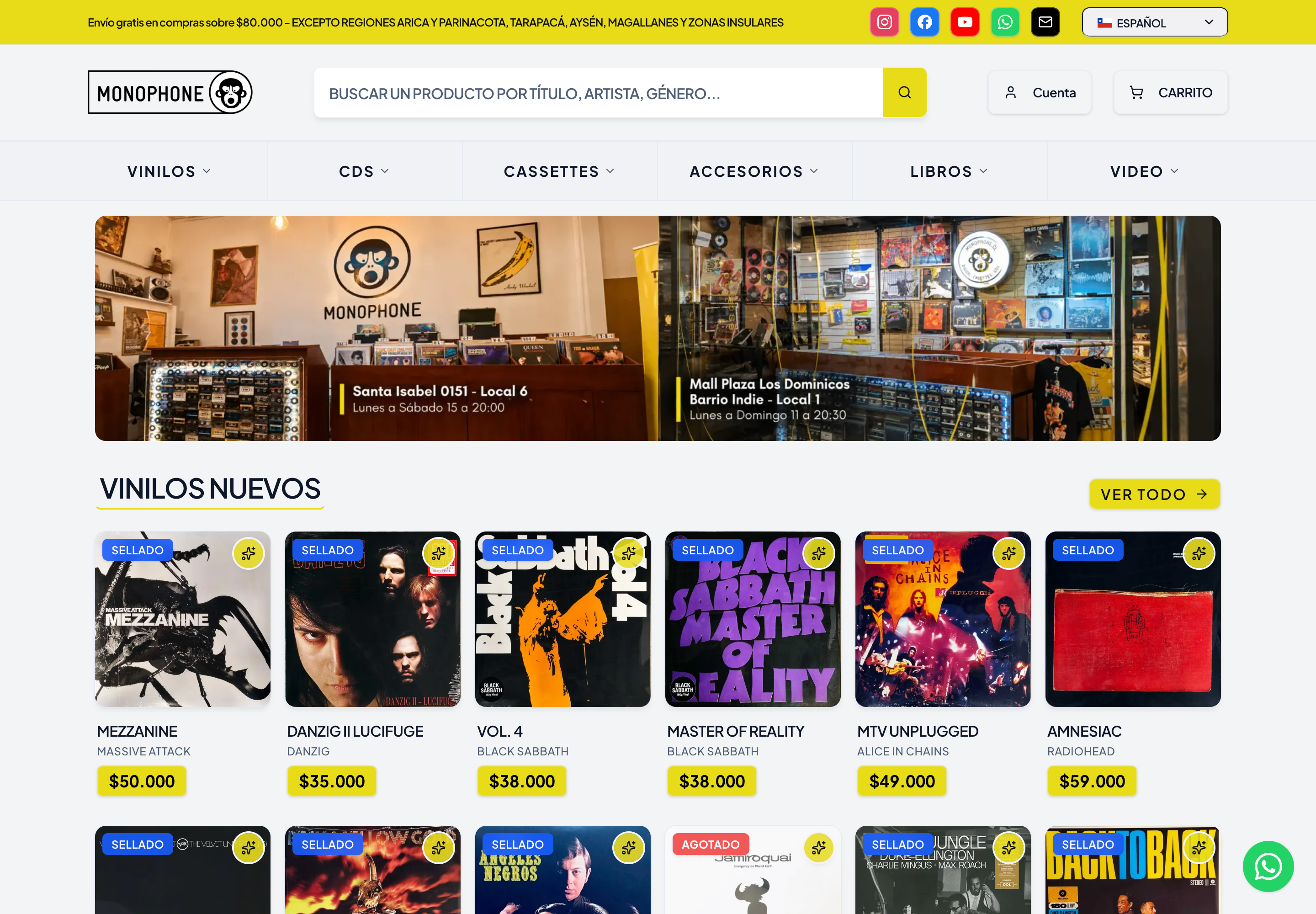 Captura real de la tienda pública Monophone, con catálogo musical, buscador y presentación de sus locales